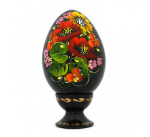 A black wooden pysanka with red poppy flowers, hand-painted in Petrykivskyi painting technique, 2,6 inches