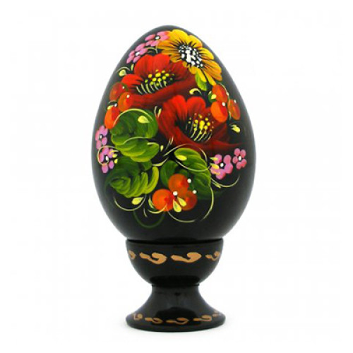 A black wooden pysanka with red poppy flowers, hand-painted in Petrykivskyi painting technique, 2,6 inches