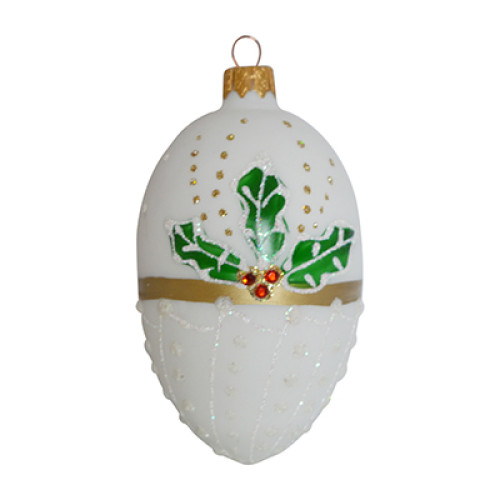 A handmade glass Christmas tree egg shaped pendant "Poinsettia", 3,25 inches