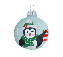 A transparent handmade glass Christmas tree pendant "Penguins at the celebration",