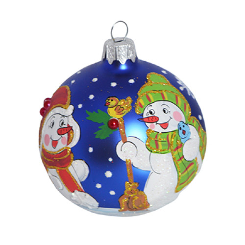 A blue handmade glass Christmas tree ball with a depiction of Snowmen, 3,25 inches