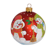 A red handmade glass Christmas tree ball with a depiction of Snowmen, 3,25 inches