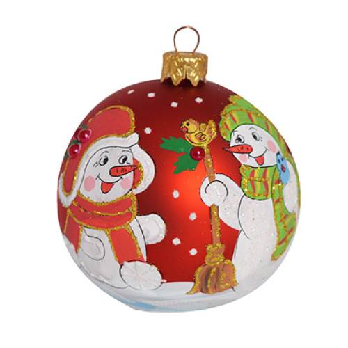 A red handmade glass Christmas tree ball with a depiction of Snowmen, 3,25 inches