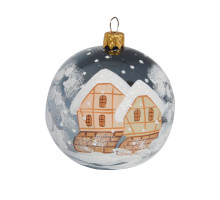 A black handmade glass Christmas tree ball with an artistic painting "A winter village", 3,25 inches