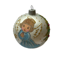 A silver handmade glass Christmas tree ball "An angel in player", 3,25 inches