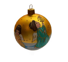 A golden handmade glass Christmas tree ball "An angel with vertep", 3,25 inches