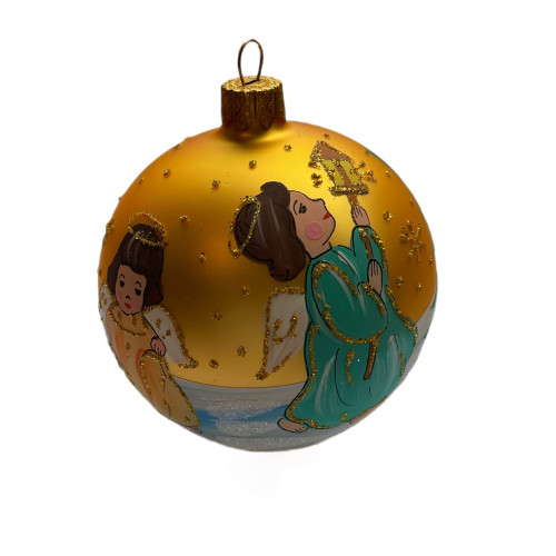 A golden handmade glass Christmas tree ball "An angel with vertep", 3,25 inches