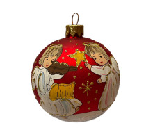 A red handmade glass Christmas tree ball with a depiction of angels musicians, 3,25 inches