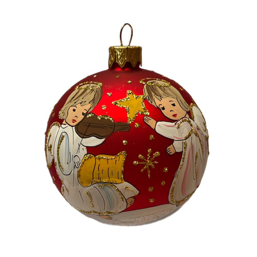 A red handmade glass Christmas tree ball with a depiction of angels musicians, 3,25 inches