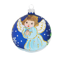 A blue handmade glass Christmas tree ball with a depiction of an angel in prayer, 3,25 inches