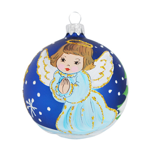 A blue handmade glass Christmas tree ball with a depiction of an angel in prayer, 3,25 inches