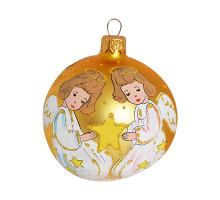 A golden handmade glass Christmas tree ball with a depiction of angels with a star, 3,25 inches