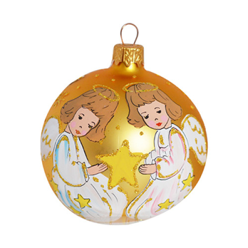 A golden handmade glass Christmas tree ball with a depiction of angels with a star, 3,25 inches
