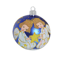 A blue handmade glass Christmas tree ball with a depiction of angels with a star, 3,25 inches