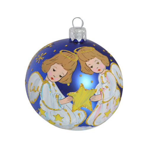 A blue handmade glass Christmas tree ball with a depiction of angels with a star, 3,25 inches