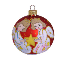 A red handmade glass Christmas tree ball with a depiction of angels with a star, 3,25 inches