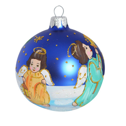 A blue handmade glass Christmas tree ball with a depiction of an angel with vertep, 3,25 inches