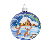 A blue handmade glass Christmas tree ball with an artistic painting "A winter landscape", 3,25 inches