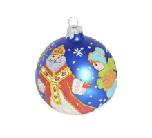 A blue handmade glass Christmas tree ball with a depiction of New Year's heroes, 3,25 inches