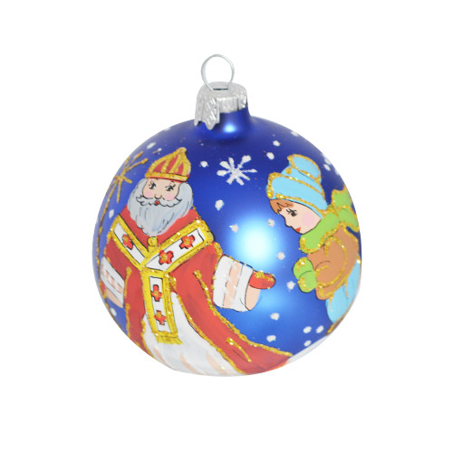 A blue handmade glass Christmas tree ball with a depiction of New Year's heroes, 3,25 inches