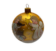 A golden handmade glass Christmas tree ball with a depiction of angels musicians, 3,25 inches