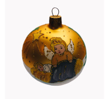 A silver handmade glass New Year's tree ball with a depiction of an angel near the baby, 3,25 inches