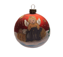 A red handmade glass New Year's tree ball with a depiction of an angel near the baby, 3,25 inches