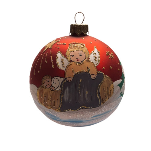 A red handmade glass New Year's tree ball with a depiction of an angel near the baby, 3,25 inches