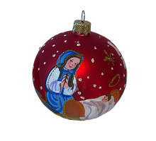 A red handmade glass Christmas tree ball with an illustration "A Christmas prayer", 3,25 inches