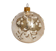 A champagne handmade glass Christmas tree ball with a white and golden ornament, encrusted with rhinestones, 3,25 inches