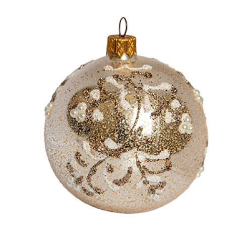 Куля скляна кольору "шампань", з біло-золотим рослинним орнаментом, інкрустована стразами, ручна робота, 8 см