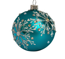 A blue handmade glass Christmas tree ball with a silver depiction of a snowflake, embellished with beads and glitter, 3,25 inches