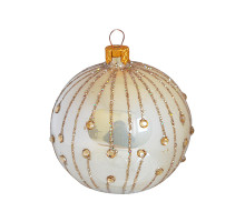 A silver handmade glass Christmas tree ball, embellished with beads and glitter, 3,25 inches
