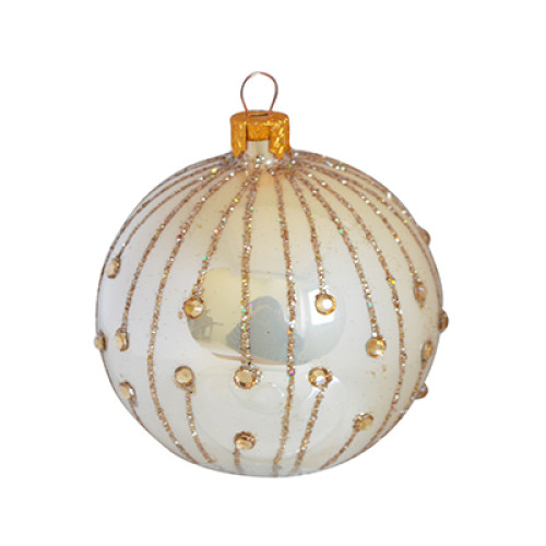 A silver handmade glass Christmas tree ball, embellished with beads and glitter, 3,25 inches