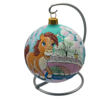 Glass ball, blue with the image "Horse. Symbol of the Year", 10 cm GB509-1439