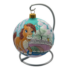 Glass ball, blue with the image "Horse. Symbol of the Year", 10 cm GB509-1439