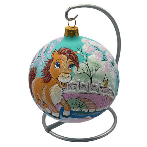 Glass ball, blue with the image "Horse. Symbol of the Year", 10 cm GB509-1439