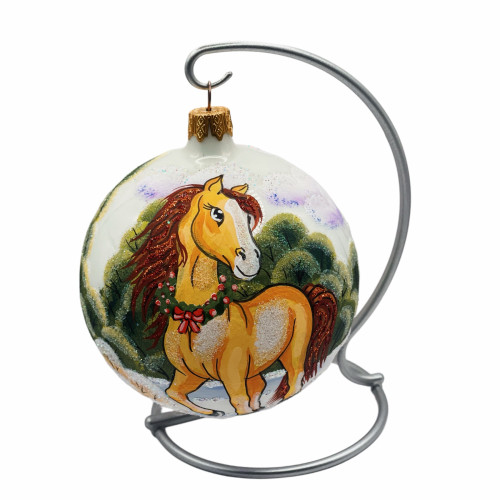Glass ball, white with the image "Horse. Symbol of the Year", 10 cm, GB109-1442
