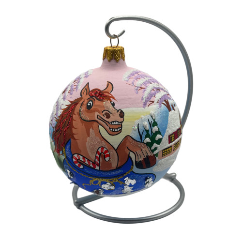 Glass ball, pink with the image "Horse. Symbol of the Year", 10 cm, GB809-1443
