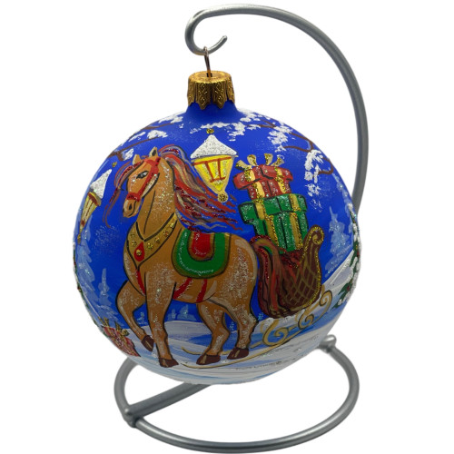 Glass ball, blue with the image "Horse. Symbol of the Year", 10 cm GB309-1440