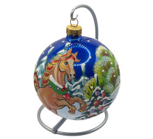 Glass ball, blue with the image "Horse. Symbol of the Year", 10 cm GB309-1441