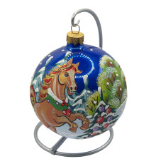 Glass ball, blue with the image "Horse. Symbol of the Year", 10 cm GB309-1441