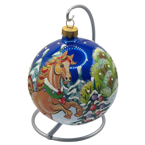 Glass ball, blue with the image "Horse. Symbol of the Year", 10 cm GB309-1441