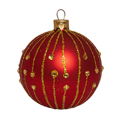 A red handmade glass Christmas tree ball, embellished with beads and glitter, 3,25 inches