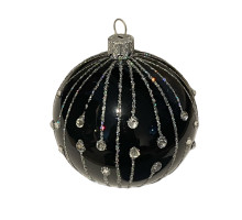 A black handmade glass Christmas tree ball, embellished with beads and glitter, 3,25 inches