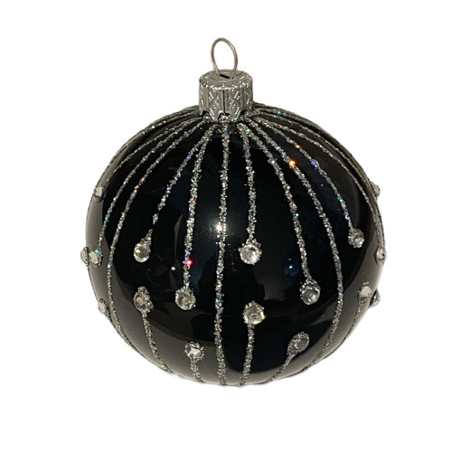 A black handmade glass Christmas tree ball, embellished with beads and glitter, 3,25 inches