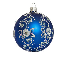 Куля скляна, синя, глянцева, з ніжним рослинним орнаментом, ручна робота, 8 см