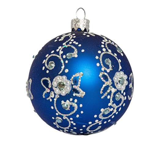 A glossy blue handmade glass Christmas tree ball with a gentle floral ornament, 3,25 inches
