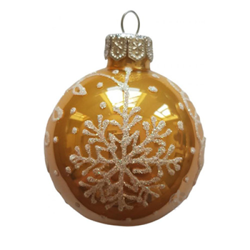 A golden handmade glass Christmas tree ball with a white depiction of a snowflake, embellished with pearls, 3,25 inches
