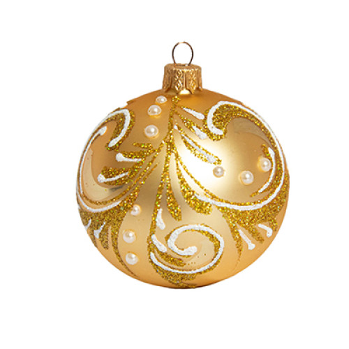 A golden handmade glass Christmas tree ball with a floral ornament, 3,25 inches